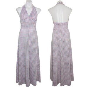 VTG Pink Blue Polka Dot Halter Neck Open Back Flowy Maxi Dress 60s 70s